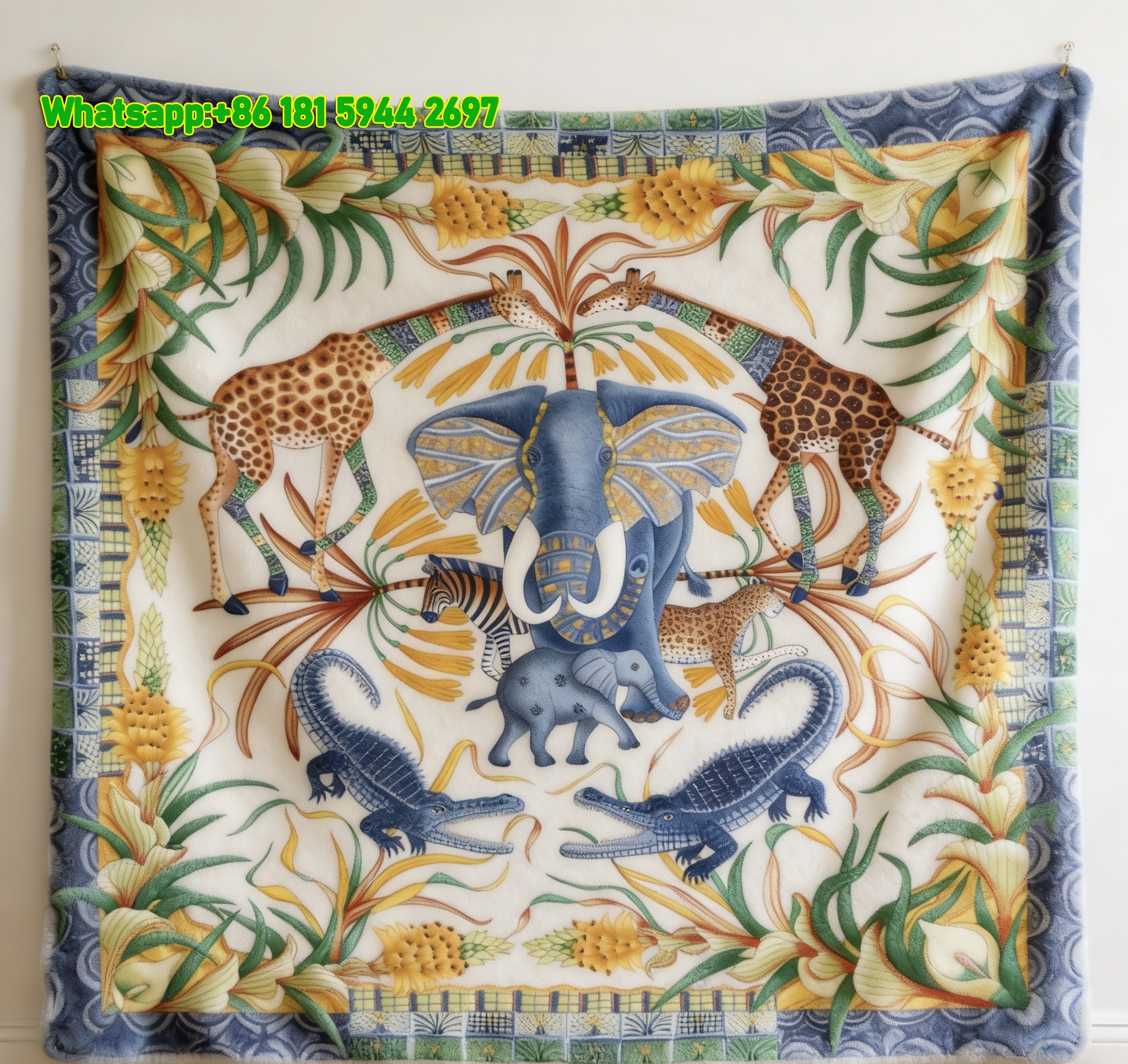 Hermès Blue Elephant African Safari Print Flannel Throw Blanket IMG_5214